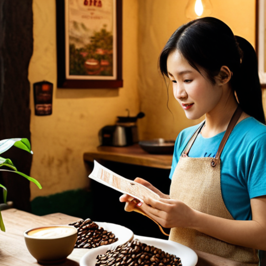 **

Prompt: "A cozy Vietnamese coffee shop scene. Soft, warm lighting. Focus on a barista passionately explaining the coffee bean sourcing process to a customer. Incorporate elements like coffee plants, burlap sacks of beans, and a map of Vietnam highlighting the origin region. Evoke a sense of authenticity and connection to the land. Natural, earthy tones."

**