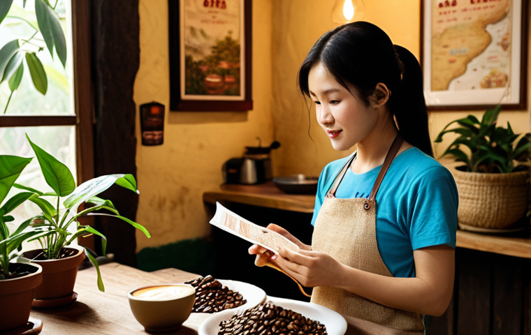 **
Prompt: "A cozy Vietnamese coffee shop scene. Soft, warm lighting. Focus on a barista passionately explaining the coffee bean sourcing process to a customer. Incorporate elements like coffee plants, burlap sacks of beans, and a map of Vietnam highlighting the origin region. Evoke a sense of authenticity and connection to the land. Natural, earthy tones."
**