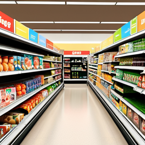 Home 18 **A supermarket aisle scene:** Focus on the eye-level placement of profitable products, illustrating a "nudge" in retail. Bright colors, tempting displays, and a diverse selection of grocery items. Aim for a slightly stylized, inviting aesthetic.