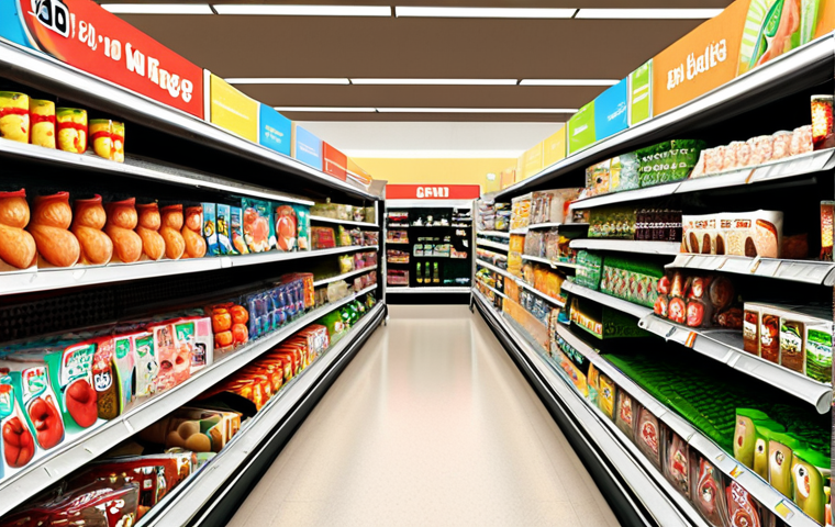**A supermarket aisle scene:** Focus on the eye-level placement of profitable products, illustrating a "nudge" in retail. Bright colors, tempting displays, and a diverse selection of grocery items. Aim for a slightly stylized, inviting aesthetic.