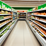 **A supermarket aisle with healthy food options prominently displayed near the checkout, illustrating a "nudge" to encourage healthier choices.**