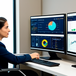 A professional businesswoman and a professional businessman, both fully clothed in modest business attire, are seated at separate modern workstations in a bright, contemporary office. Each is focused on their computer screen, which displays a financial dashboard. The woman's screen subtly highlights long-term savings growth and family security benefits, while the man's screen emphasizes competitive returns and potential for asset growth, illustrating different 'nudge' framings. Perfect anatomy, correct proportions, natural pose, well-formed hands, proper finger count, natural body proportions. Safe for work, appropriate content, fully clothed, professional, high quality, analytical focus.