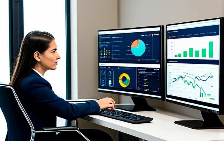 A professional businesswoman and a professional businessman, both fully clothed in modest business attire, are seated at separate modern workstations in a bright, contemporary office. Each is focused on their computer screen, which displays a financial dashboard. The woman's screen subtly highlights long-term savings growth and family security benefits, while the man's screen emphasizes competitive returns and potential for asset growth, illustrating different 'nudge' framings. Perfect anatomy, correct proportions, natural pose, well-formed hands, proper finger count, natural body proportions. Safe for work, appropriate content, fully clothed, professional, high quality, analytical focus.
