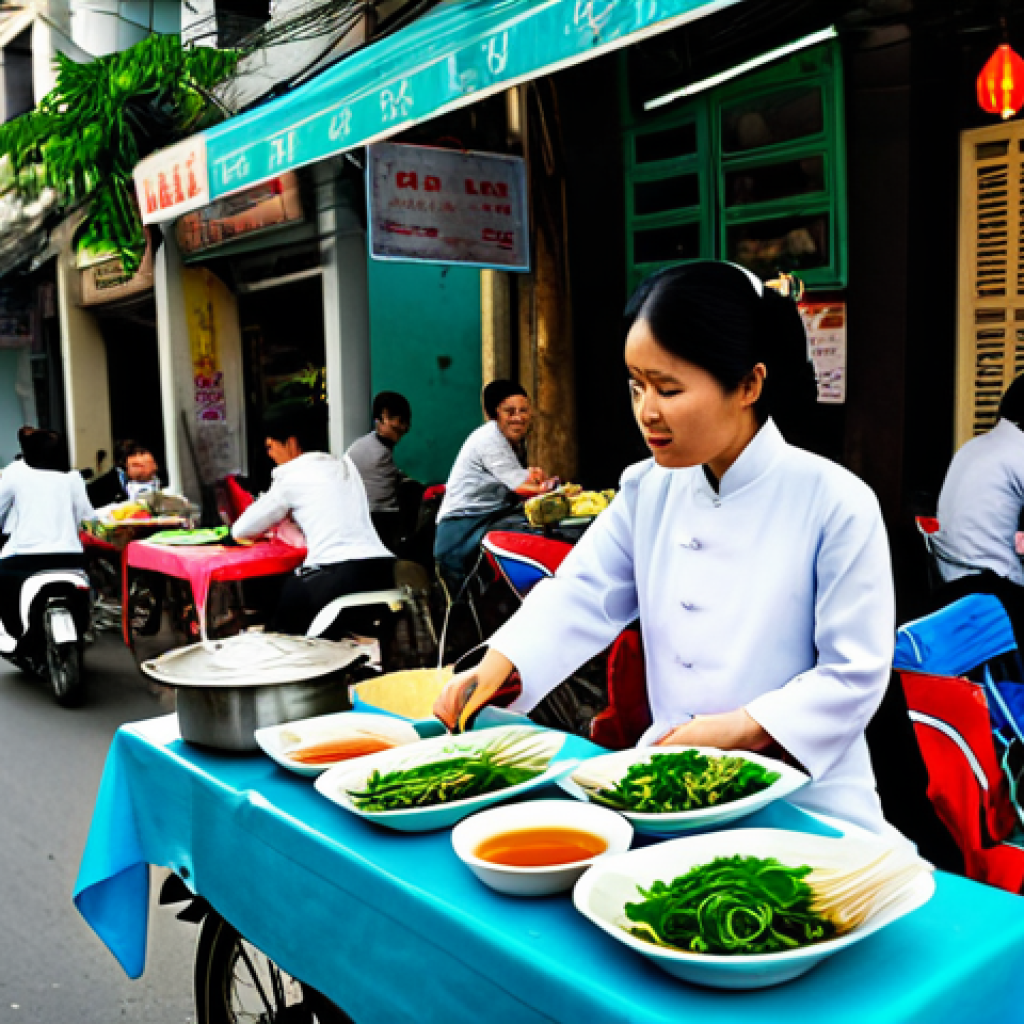 Busy Hanoi Street Food Vendor**
A fully clothed, professional Vietnamese woman wearing a traditional Ao Dai (but modest and not overly revealing) skillfully preparing Pho on a bustling street corner in Hanoi. The scene is filled with vibrant colors, small plastic tables and chairs, and many locals enjoying their meals. Appropriate attire, safe for work, perfect anatomy, natural proportions, high resolution, professional photography, family-friendly.
**