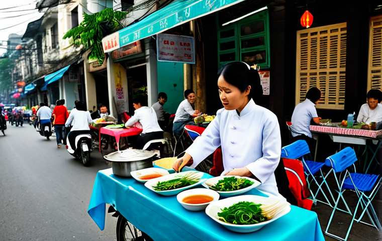 Busy Hanoi Street Food Vendor**
A fully clothed, professional Vietnamese woman wearing a traditional Ao Dai (but modest and not overly revealing) skillfully preparing Pho on a bustling street corner in Hanoi. The scene is filled with vibrant colors, small plastic tables and chairs, and many locals enjoying their meals. Appropriate attire, safe for work, perfect anatomy, natural proportions, high resolution, professional photography, family-friendly.
**
