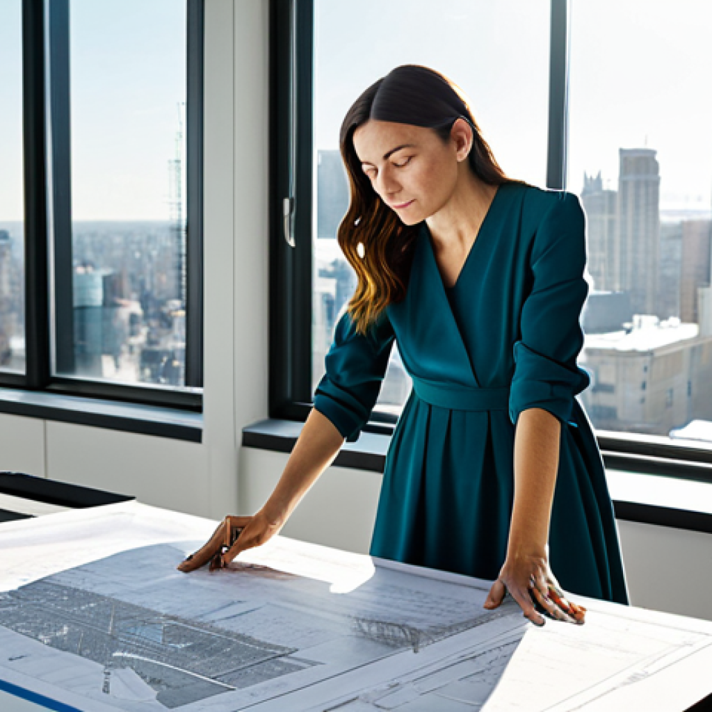 **

"A professional female architect, fully clothed in a stylish yet modest dress and sensible shoes, is reviewing blueprints on a large drafting table in a bright, modern office. Sunlight streams through large windows overlooking a bustling cityscape. Perfect anatomy, correct proportions, well-formed hands, proper finger count, natural pose, safe for work, appropriate content, professional, modest, family-friendly, high quality."

**