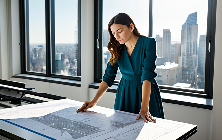 **
"A professional female architect, fully clothed in a stylish yet modest dress and sensible shoes, is reviewing blueprints on a large drafting table in a bright, modern office. Sunlight streams through large windows overlooking a bustling cityscape. Perfect anatomy, correct proportions, well-formed hands, proper finger count, natural pose, safe for work, appropriate content, professional, modest, family-friendly, high quality."
**