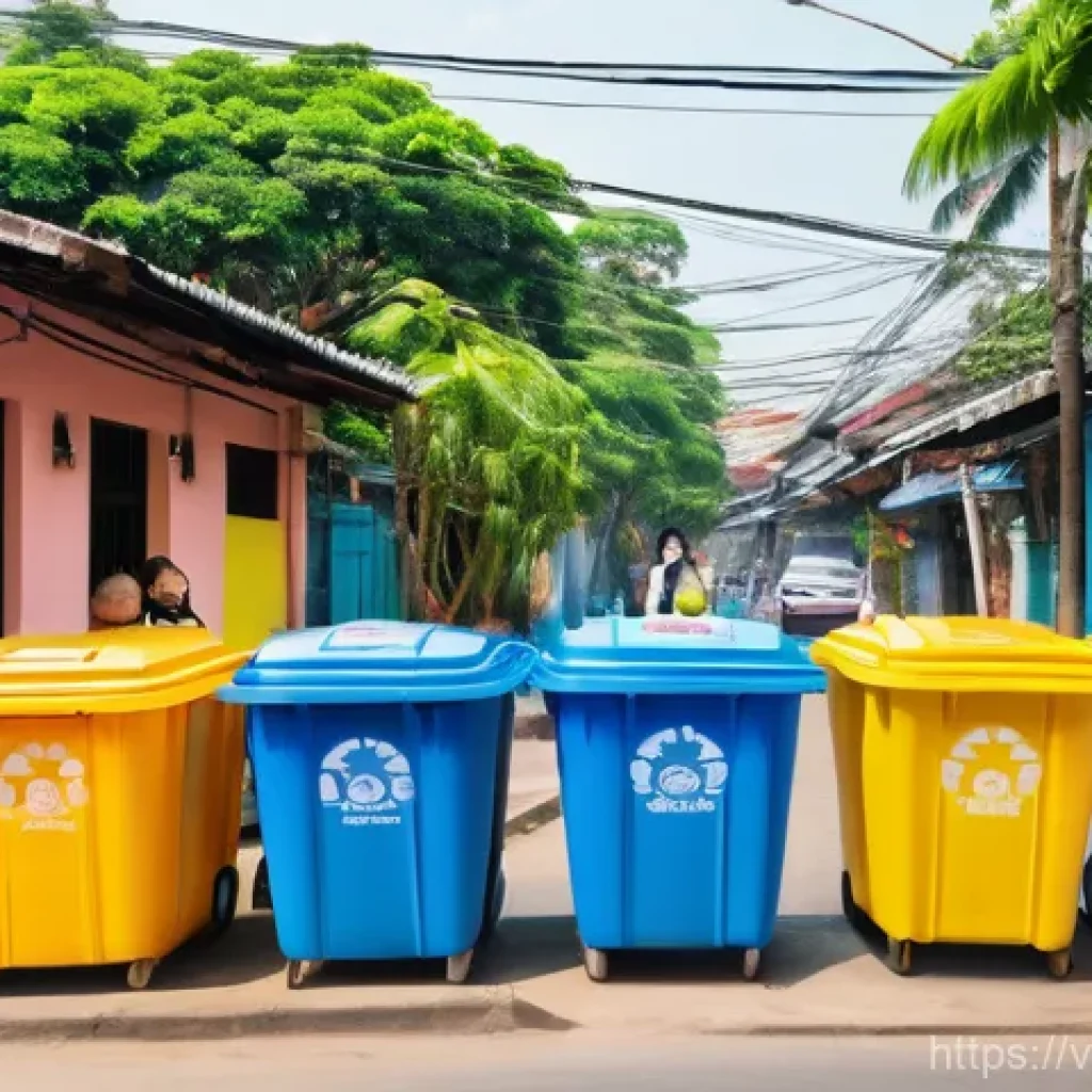 넛지 기법의 문화적 차이와 글로벌 사례 - **Prompt:** A bustling, vibrant Vietnamese neighborhood scene, showcasing a community waste sorting ...