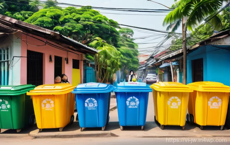 넛지 기법의 문화적 차이와 글로벌 사례 - **Prompt:** A bustling, vibrant Vietnamese neighborhood scene, showcasing a community waste sorting ...