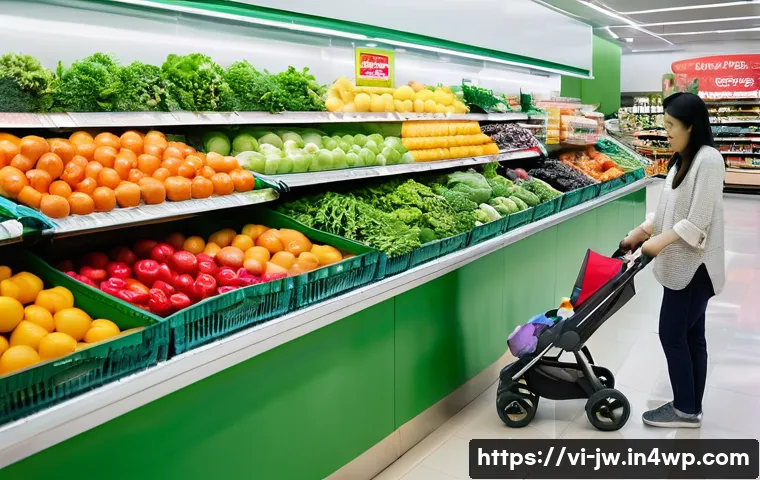 넛지 기법의 심리학적 원리 설명하기 - **Prompt:** A vibrant, well-lit indoor scene of a modern Vietnamese supermarket entrance, where a be...
