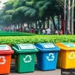 Home 20 넛지를 통한 대중의 의식 변화 유도하기 - A vibrant urban public park in Ho Chi Minh City featuring clearly marked, colorful recycling bins pl...