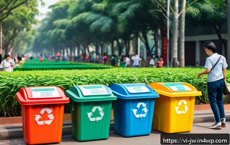 넛지를 통한 대중의 의식 변화 유도하기 - A vibrant urban public park in Ho Chi Minh City featuring clearly marked, colorful recycling bins pl...
