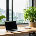 Home 18 넛지 활용을 위한 실무 가이드 - A modern Vietnamese office workspace bathed in natural sunlight through large windows, featuring a t...