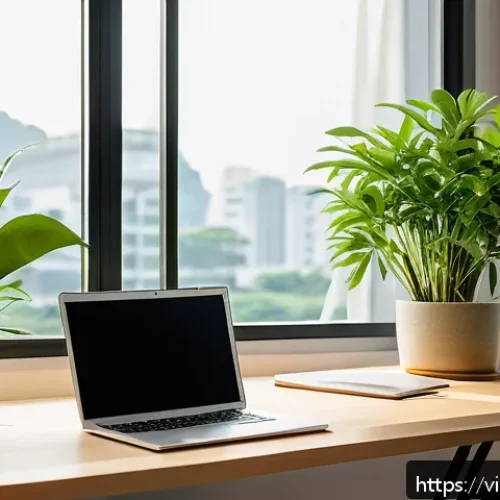 Home 30 넛지 활용을 위한 실무 가이드 - A modern Vietnamese office workspace bathed in natural sunlight through large windows, featuring a t...